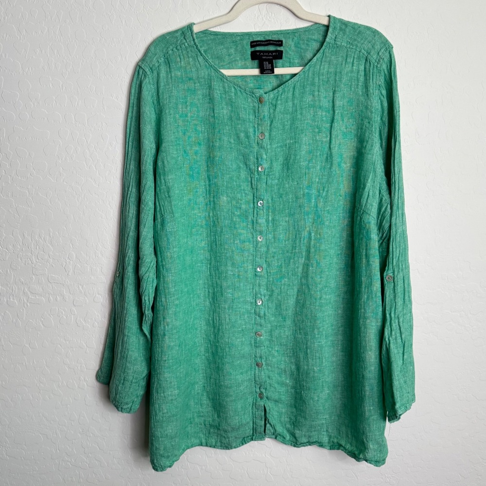 Tahari Women 100% Linen 3X Green Long Sleeve Button Up Tunic Boho Lagenlook